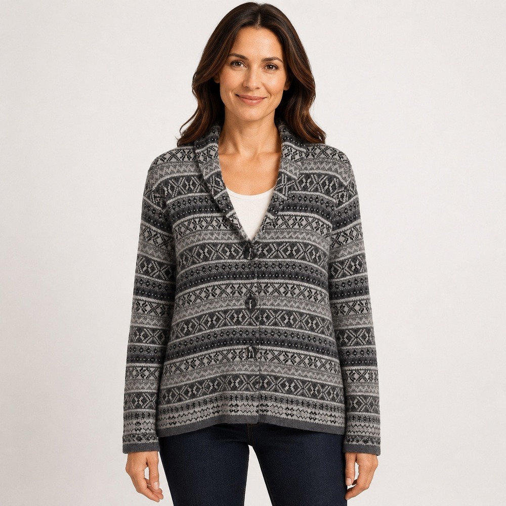Chico's Cardigan Women's Size 2 L Gray Fair Isle Lambswool Metallic Shawl